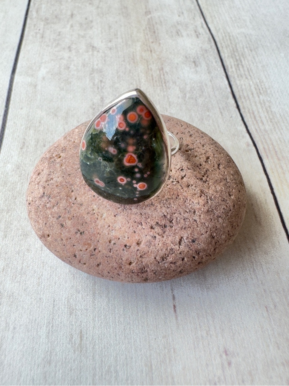 Teardrop Ocean Jasper Ring in Green and Orange- size 6.75